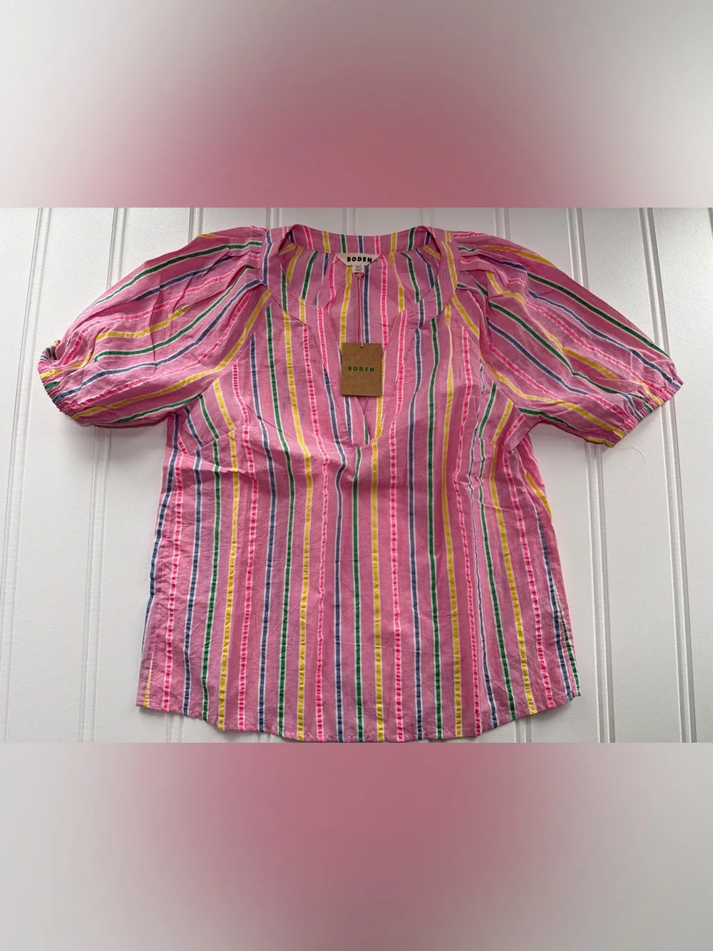 Boden Brooke cotton Top Pink Striped Puff Sleeve Blouse US 6 NEW
